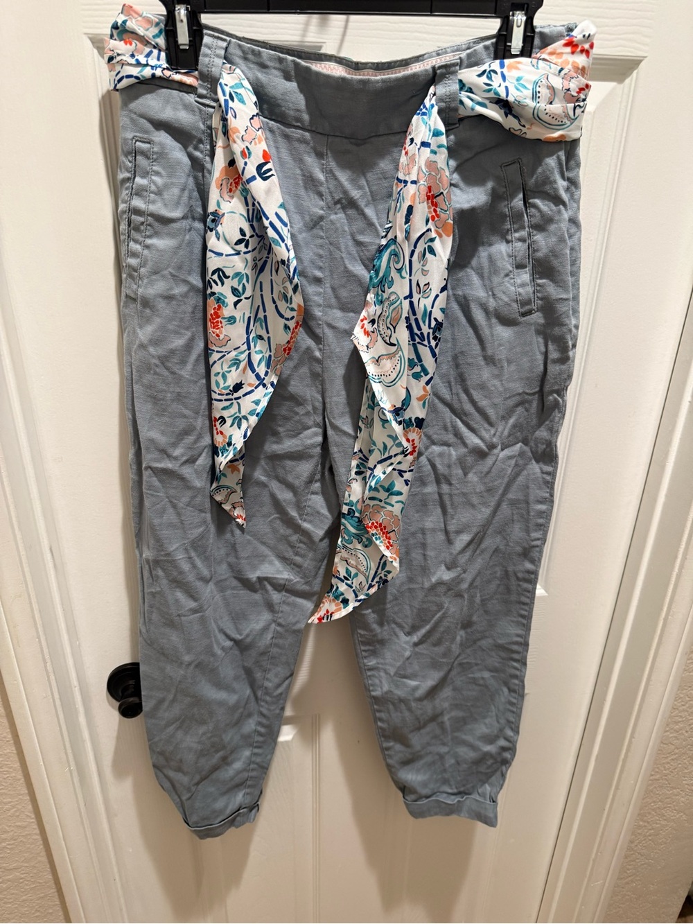 Anthropologie by Ett: TwaNias Light Blue High-Rise Ankle Pants with Printed Sash - Picture 2 of 8
